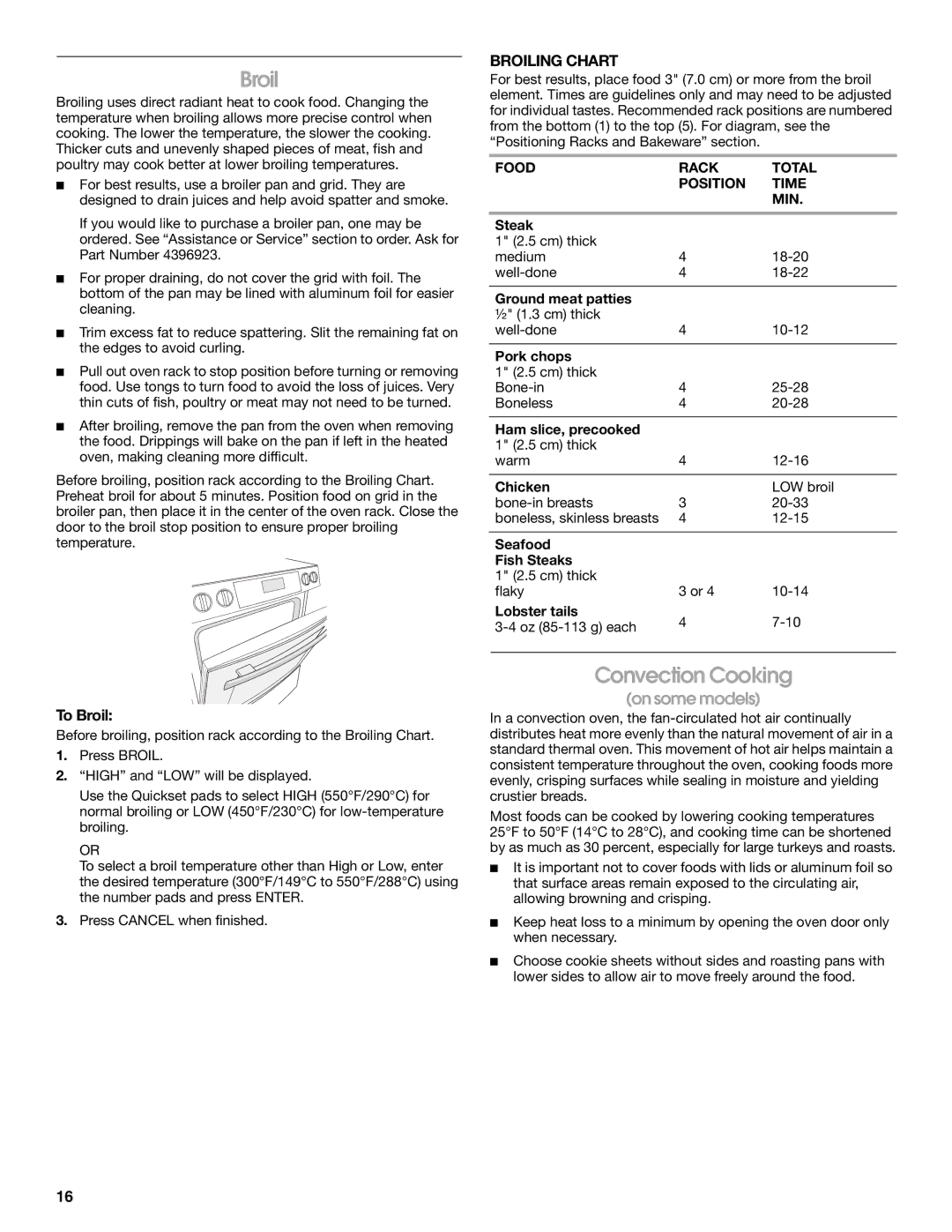 Jenn-Air JDS9865 manual Convection Cooking, To Broil, Broiling Chart, Food Rack Total Position Time MIN 