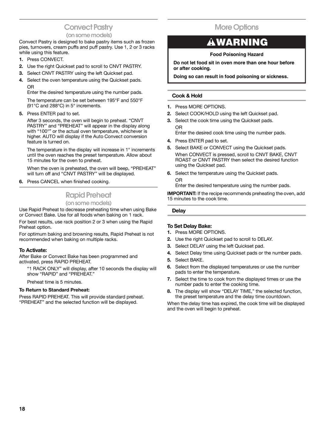 Jenn-Air JDS9865 manual Convect Pastry, Rapid Preheat, More Options 