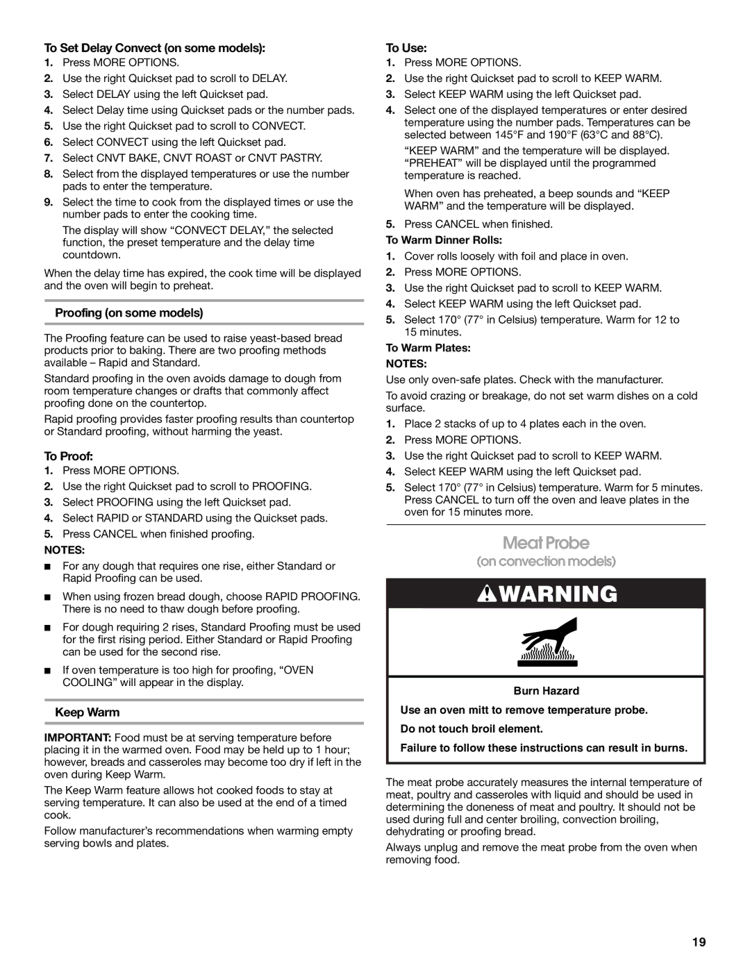 Jenn-Air JDS9865 manual Meat Probe, To Set Delay Convect on some models, Proofing on some models, To Proof, Keep Warm 