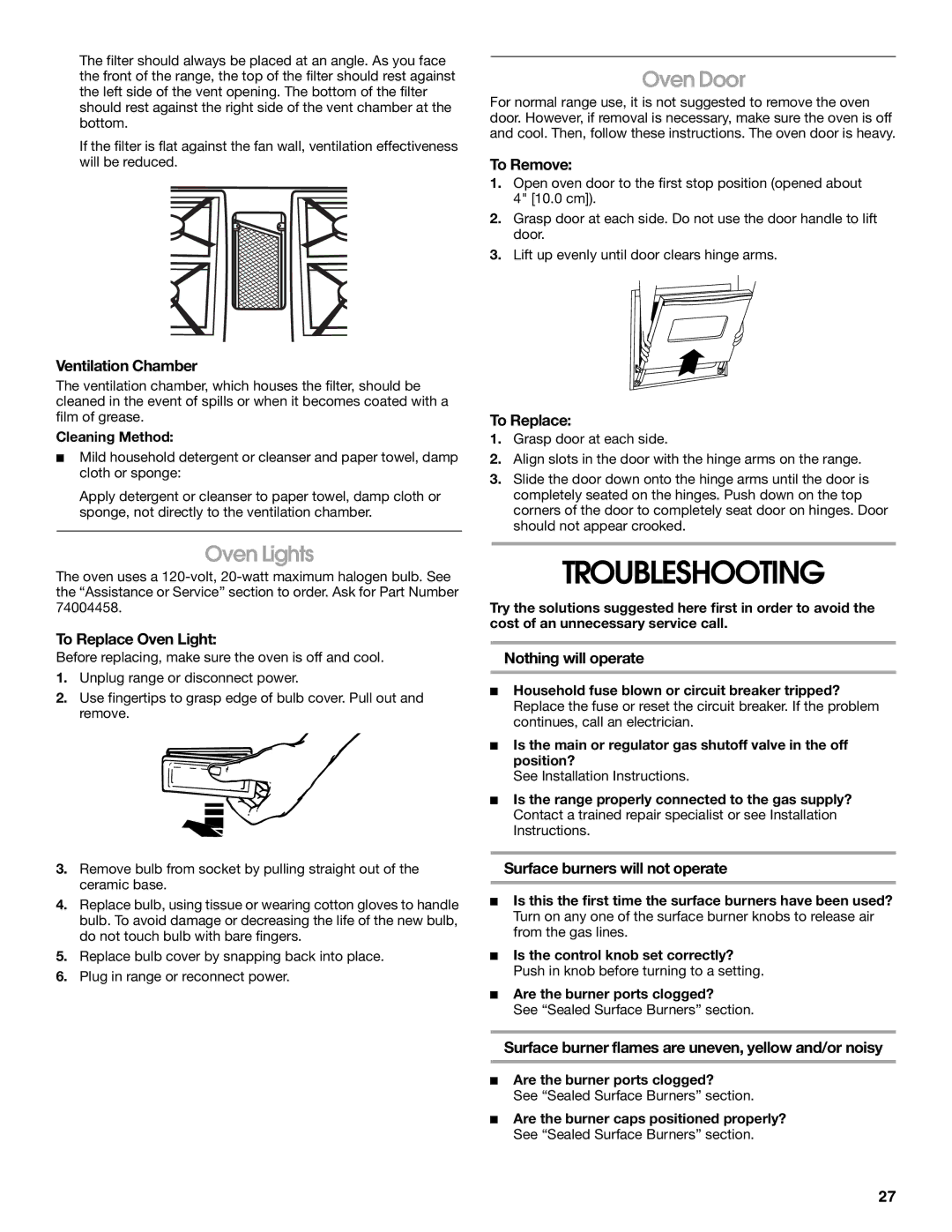 Jenn-Air JDS9865 manual Troubleshooting, Oven Lights, Oven Door 