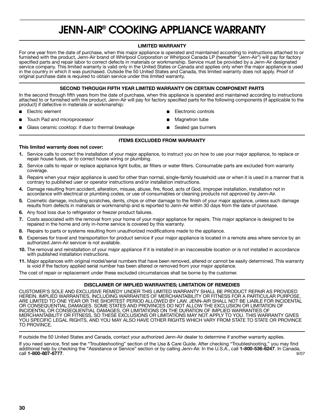 Jenn-Air JDS9865 manual JENN-AIRCOOKING Appliance Warranty, Limited Warranty, Items Excluded from Warranty 