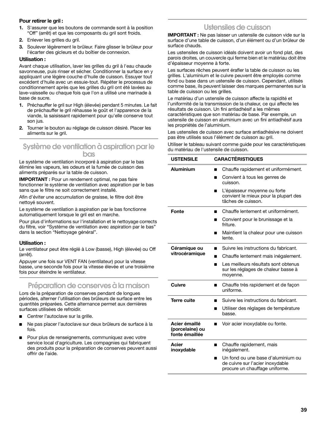 Jenn-Air JDS9865 manual Système de ventilation à aspiration par le Bas, Préparation de conserves à la maison, Utilisation 