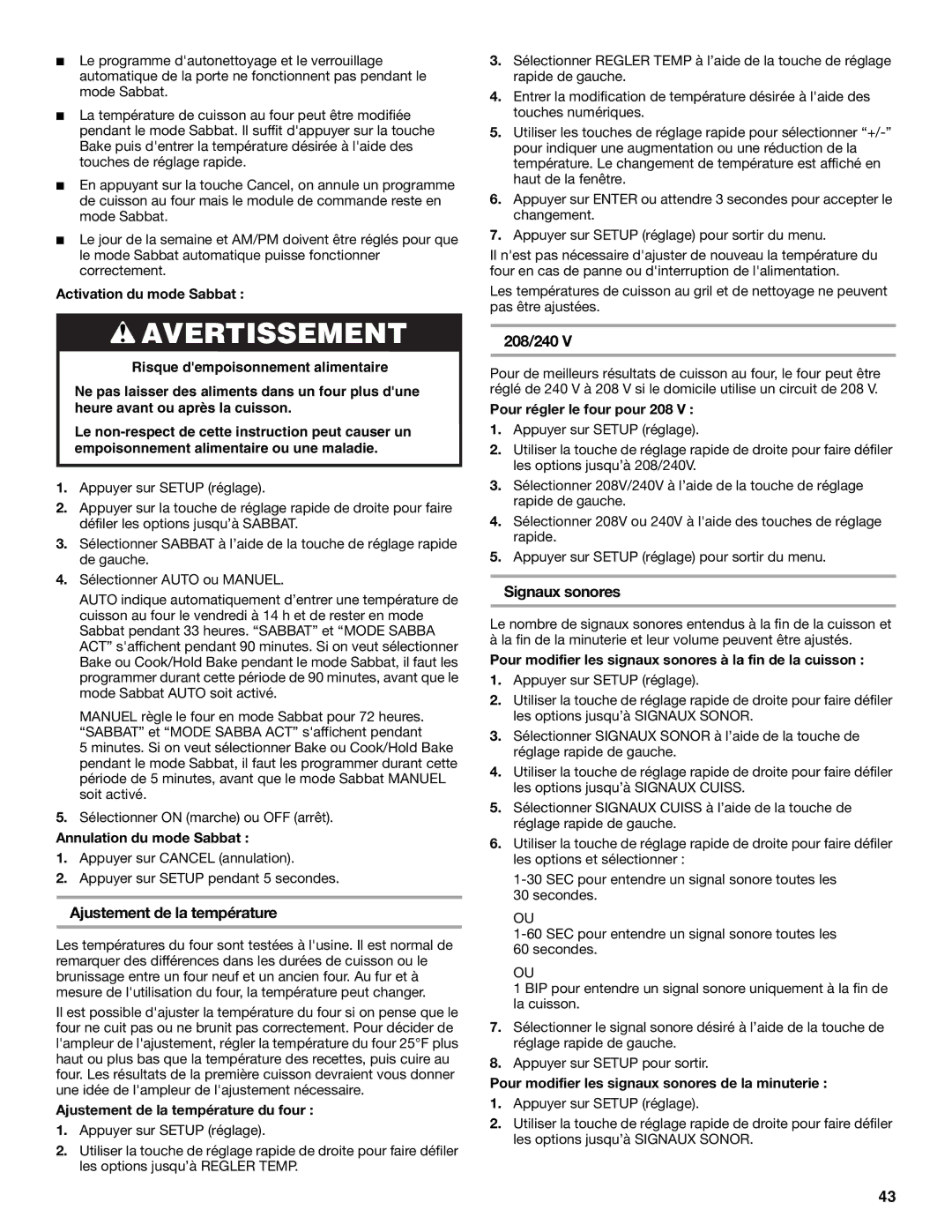 Jenn-Air JDS9865 manual Ajustement de la température, 208/240, Signaux sonores 