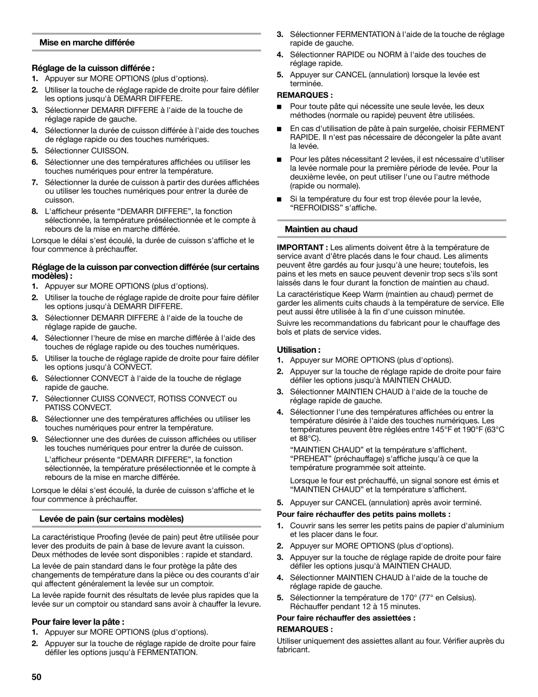 Jenn-Air JDS9865 manual Mise en marche différée Réglage de la cuisson différée, Levée de pain sur certains modèles 