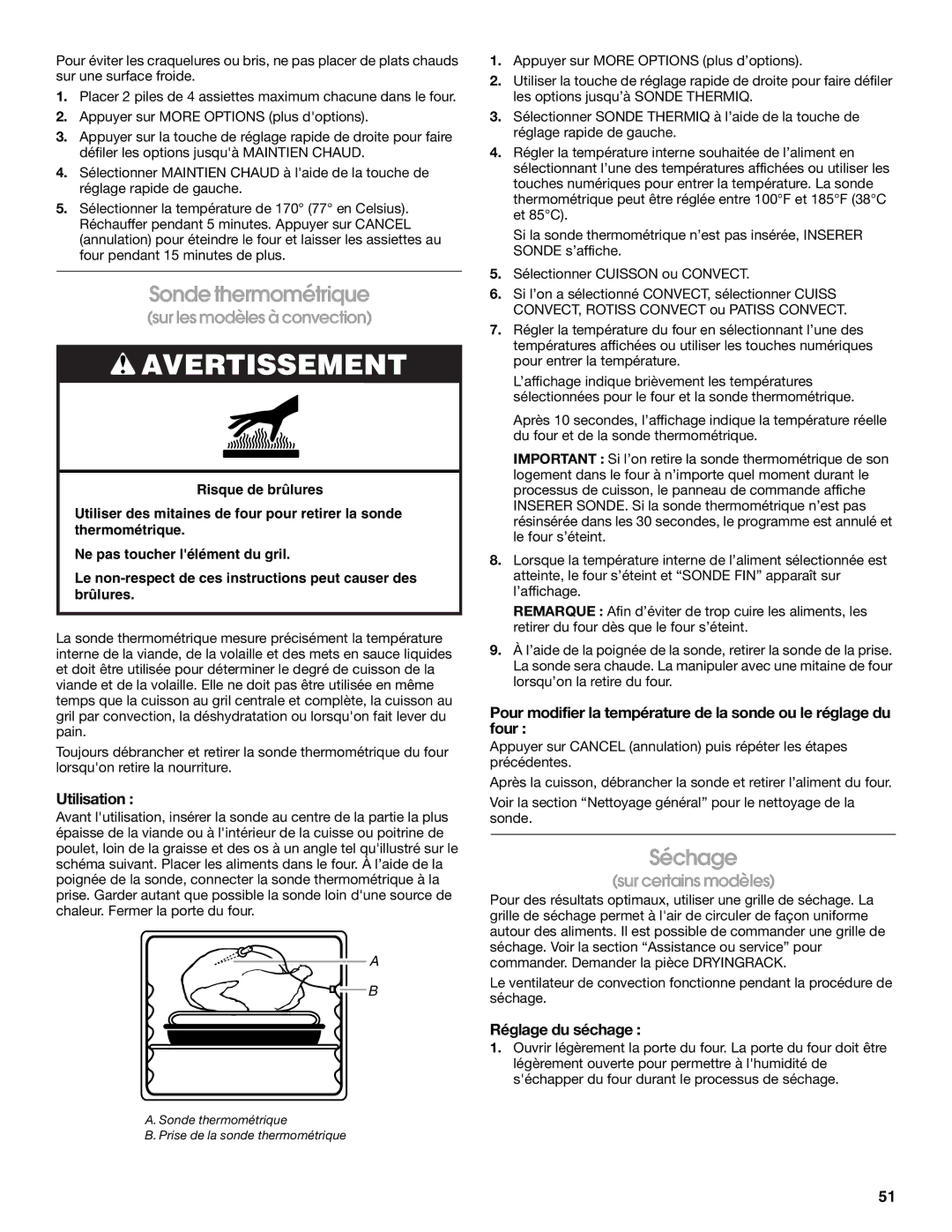 Jenn-Air JDS9865 manual Sonde thermométrique, Séchage, Réglage du séchage 