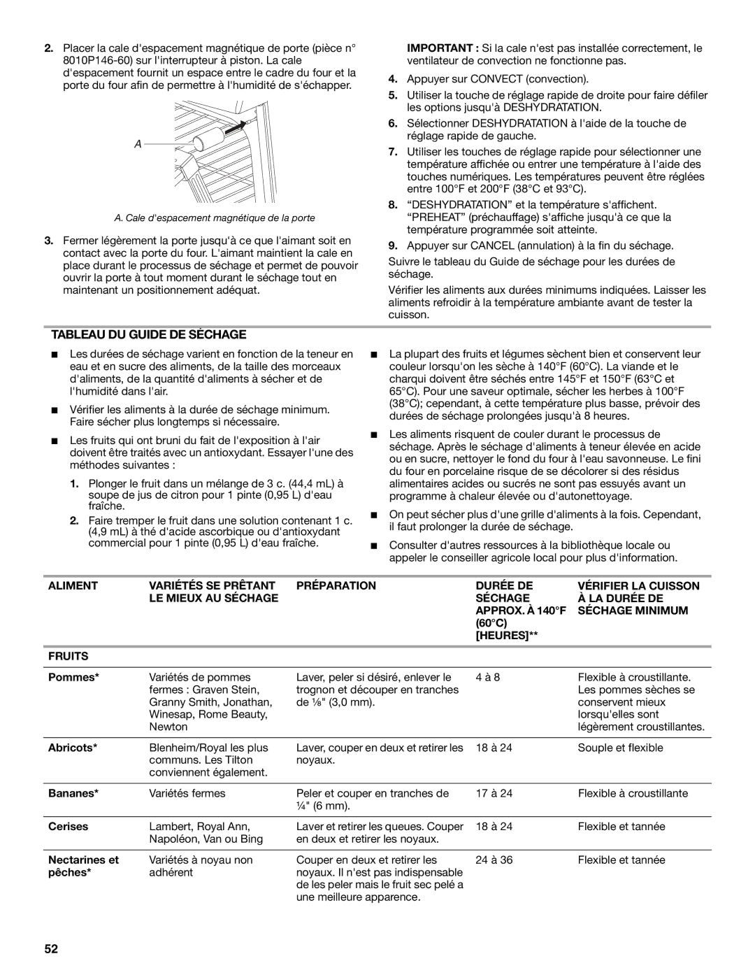 Jenn-Air JDS9865 manual Tableau DU Guide DE Séchage, Heures Fruits 