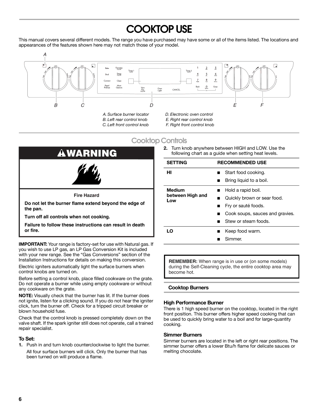 Jenn-Air JDS9865 manual Cooktop USE, Cooktop Controls, Cooktop Burners High Performance Burner, To Set, Simmer Burners 