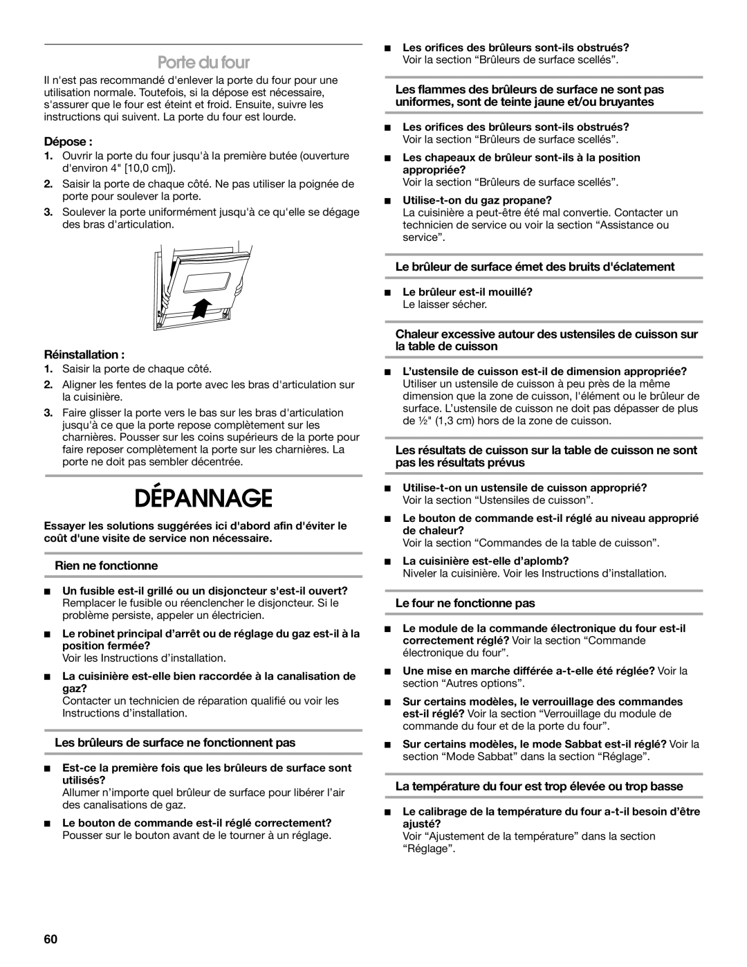 Jenn-Air JDS9865 manual Dépannage, Porte du four 