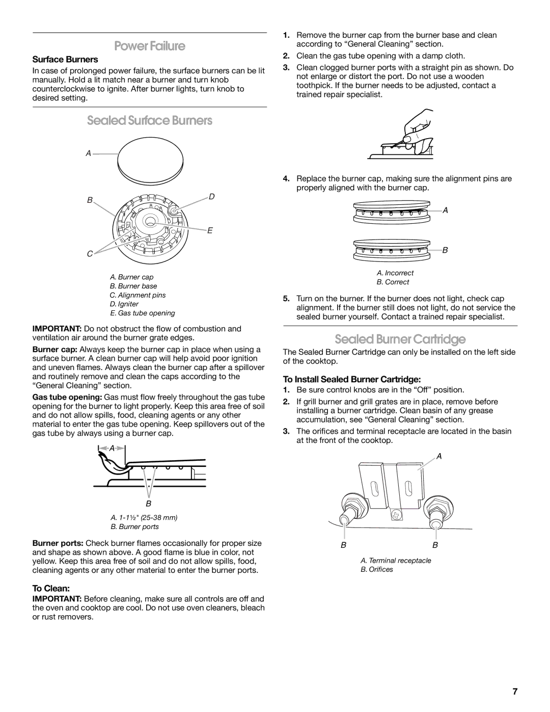 Jenn-Air JDS9865 manual Power Failure, Sealed Surface Burners, Sealed Burner Cartridge 