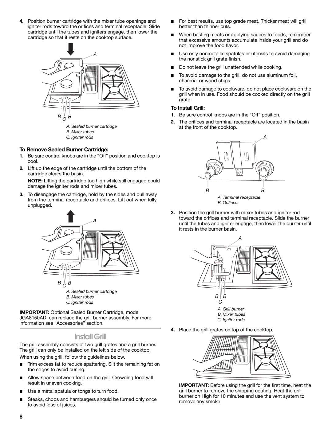 Jenn-Air JDS9865 manual To Remove Sealed Burner Cartridge, To Install Grill 