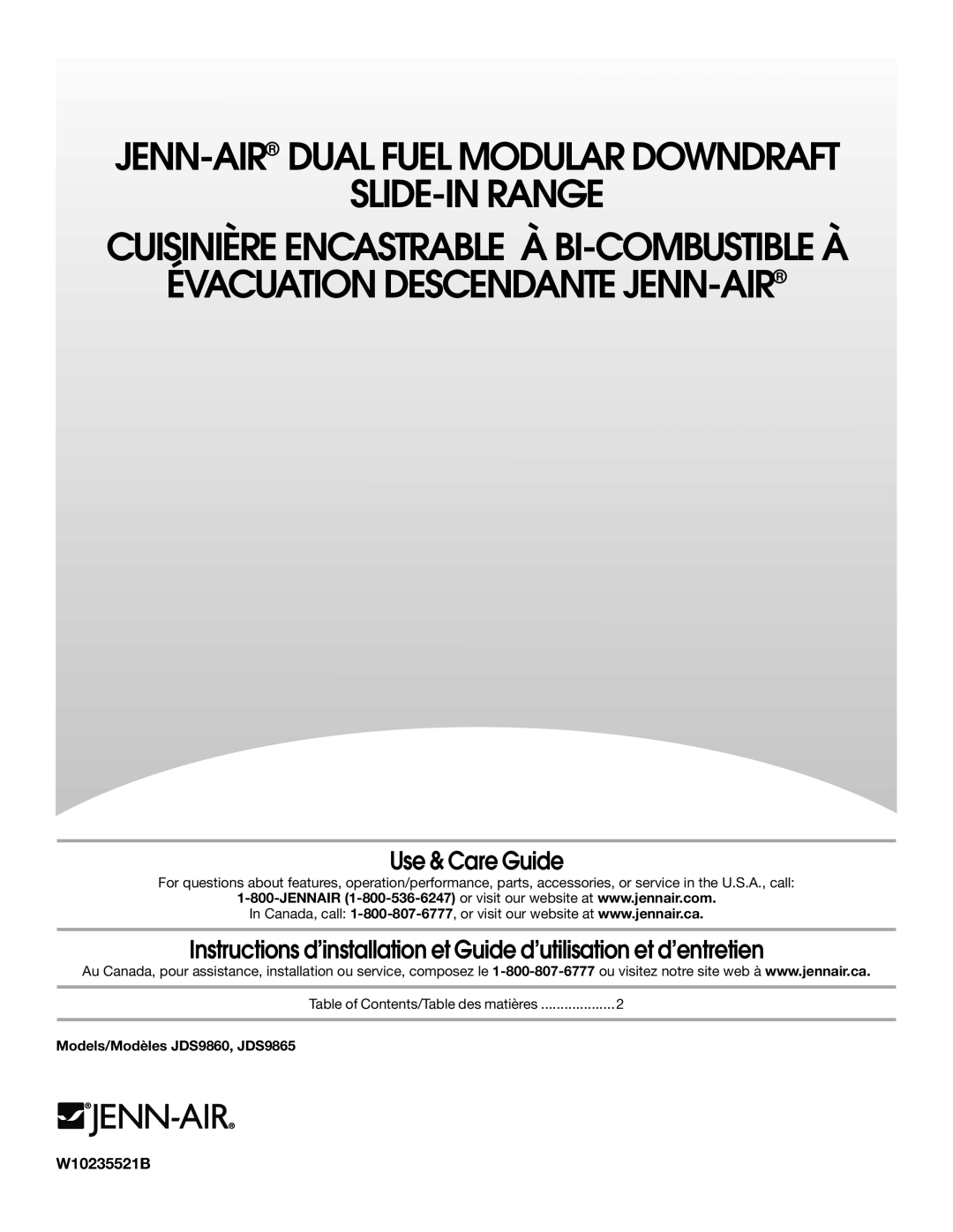 Jenn-Air JDS9865 manual Use & Care Guide, Instructions d’installation et Guide d’utilisation et d’entretien, W10235521B 
