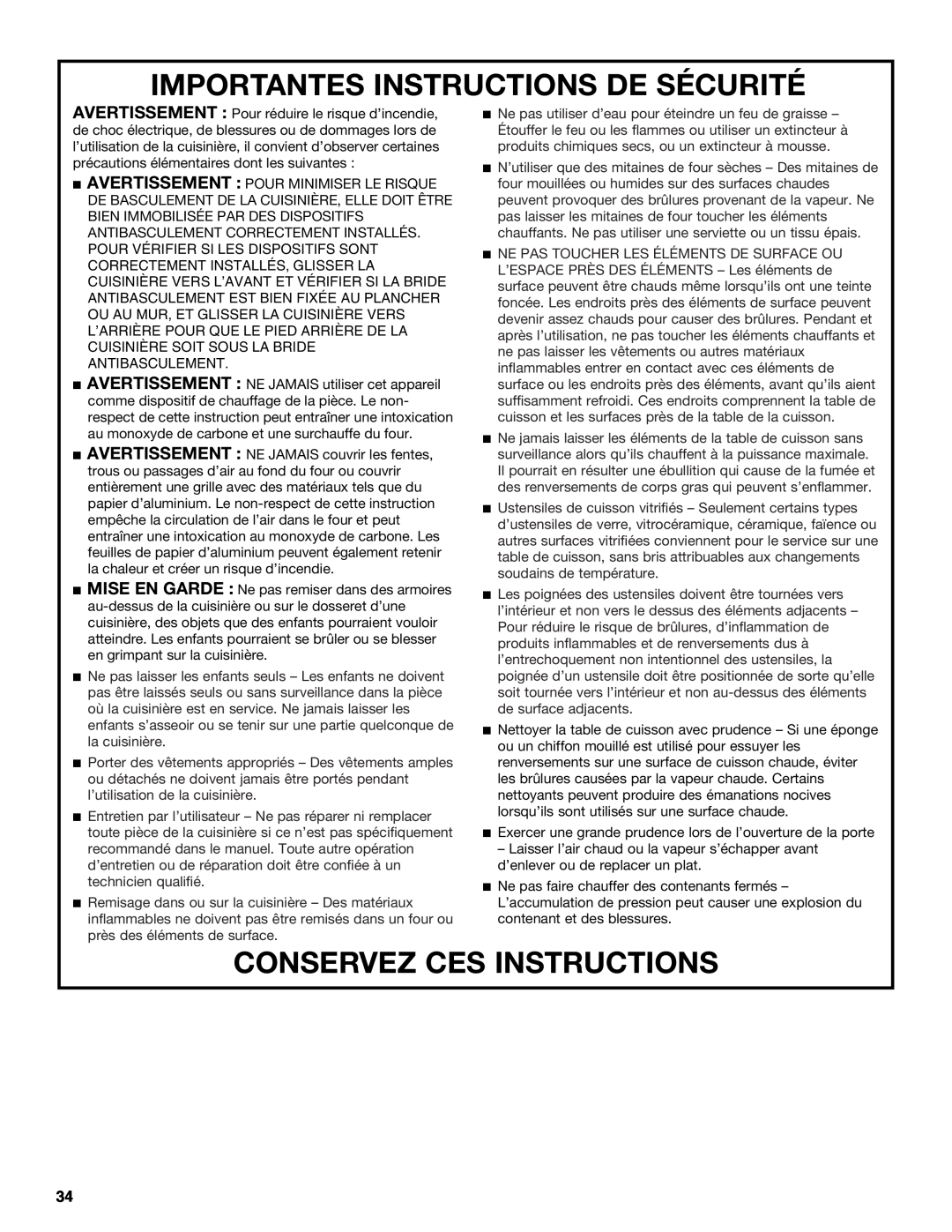 Jenn-Air JDS9865 manual Importantes Instructions De Sécurité, Conservez Ces Instructions 