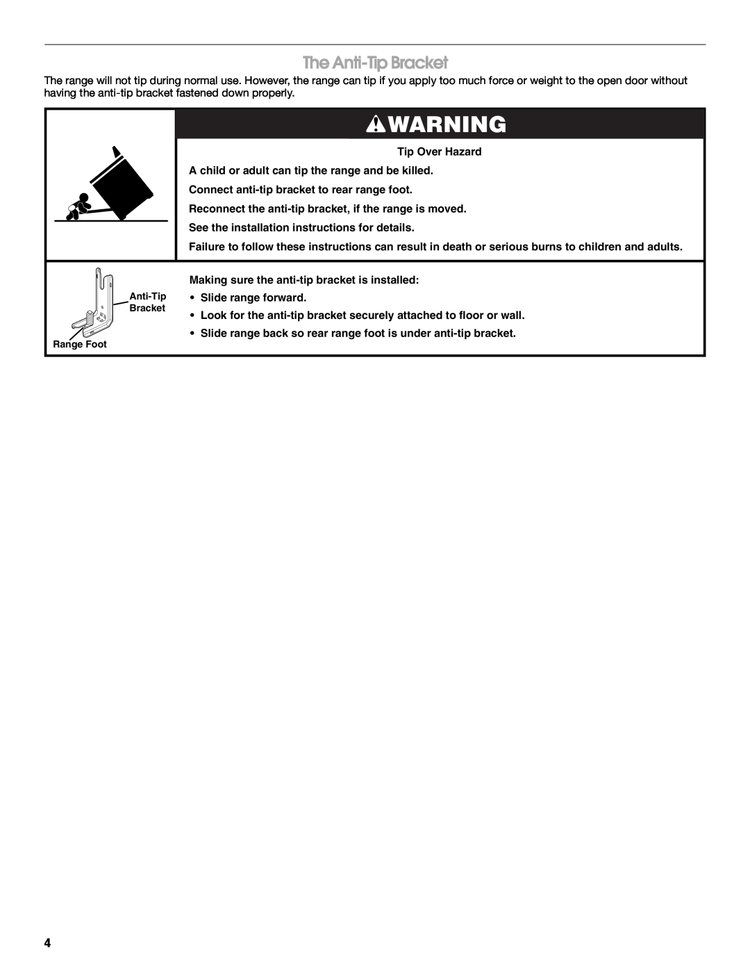 Jenn-Air JDS9865 manual The Anti-Tip Bracket, Tip Over Hazard A child or adult can tip the range and be killed 
