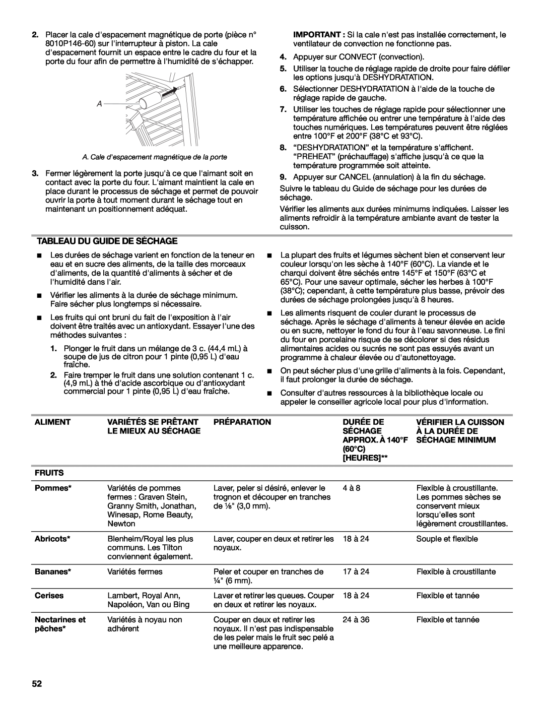 Jenn-Air JDS9865 manual Tableau Du Guide De Séchage 
