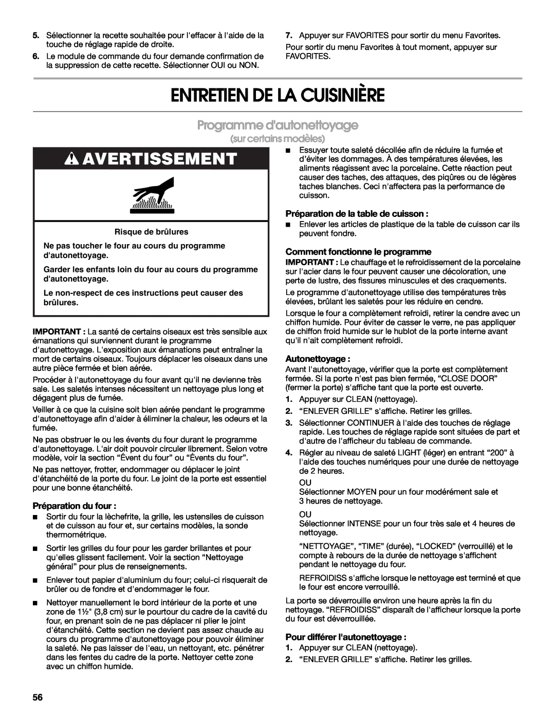 Jenn-Air JDS9865 Entretien De La Cuisinière, Programme dautonettoyage, Avertissement, sur certains modèles, Autonettoyage 