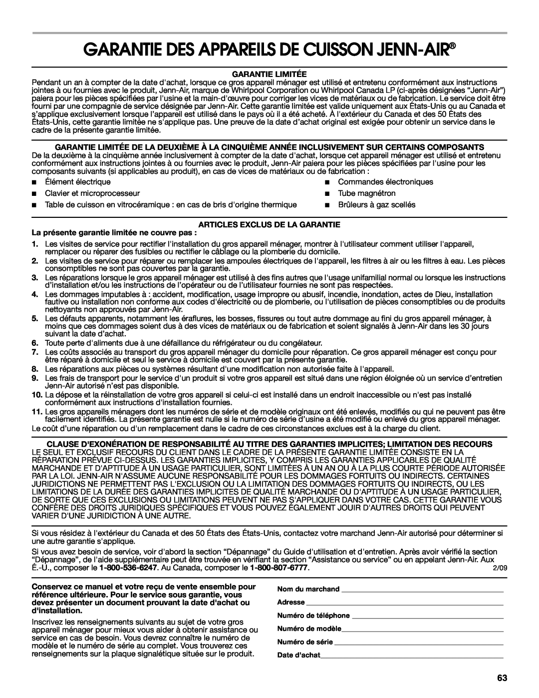 Jenn-Air JDS9865 manual Garantie Des Appareils De Cuisson Jenn-Air, Garantie Limitée, Articles Exclus De La Garantie 