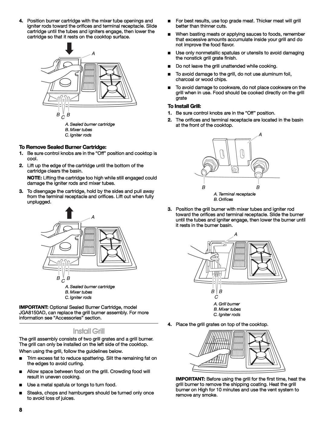 Jenn-Air JDS9865 manual To Remove Sealed Burner Cartridge, To Install Grill, A B C B, A Bb, A B B 