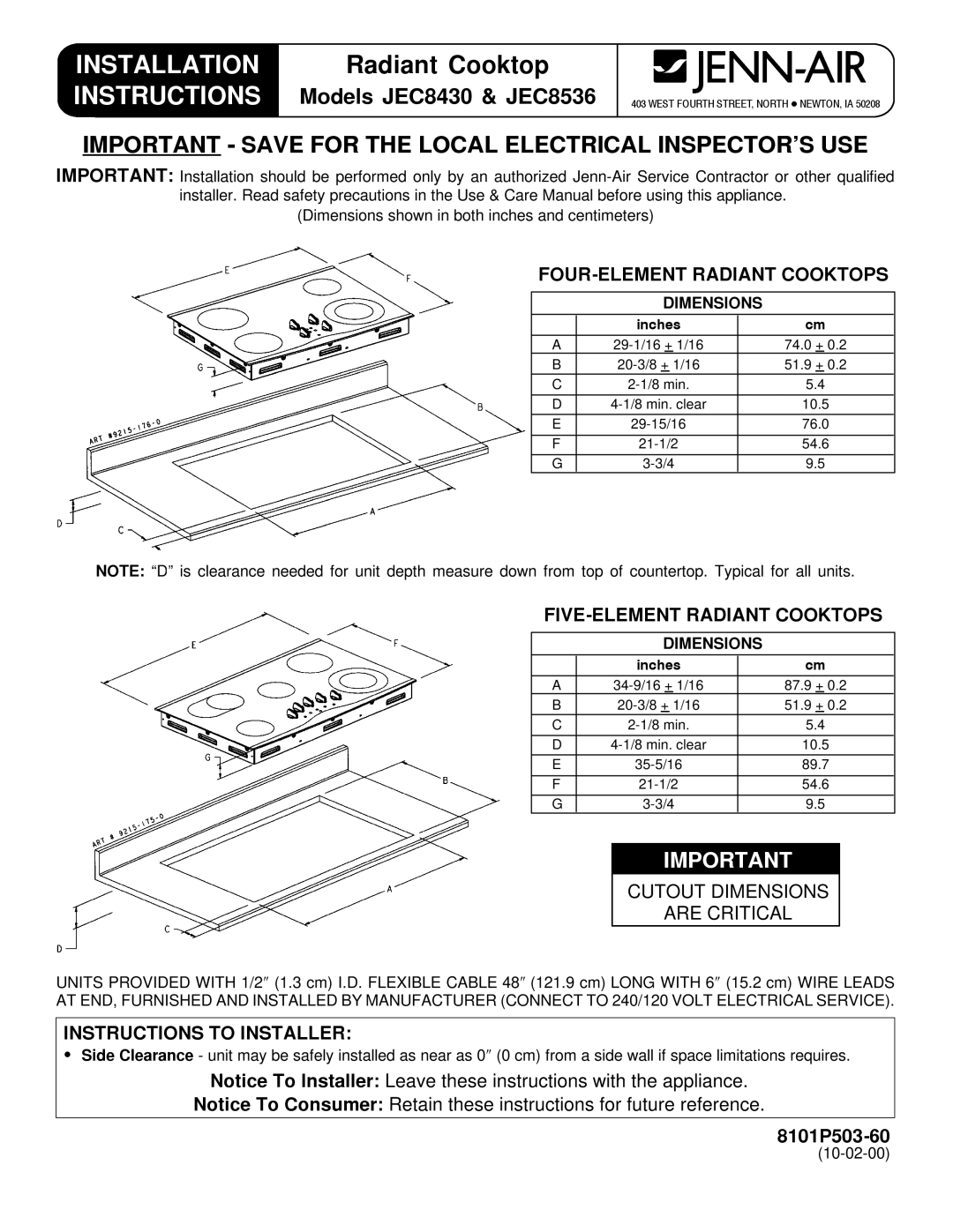 Jenn-Air JEC8430, JEC8536 installation instructions Installation Instructions, FOUR-ELEMENT Radiant Cooktops, 8101P503-60 