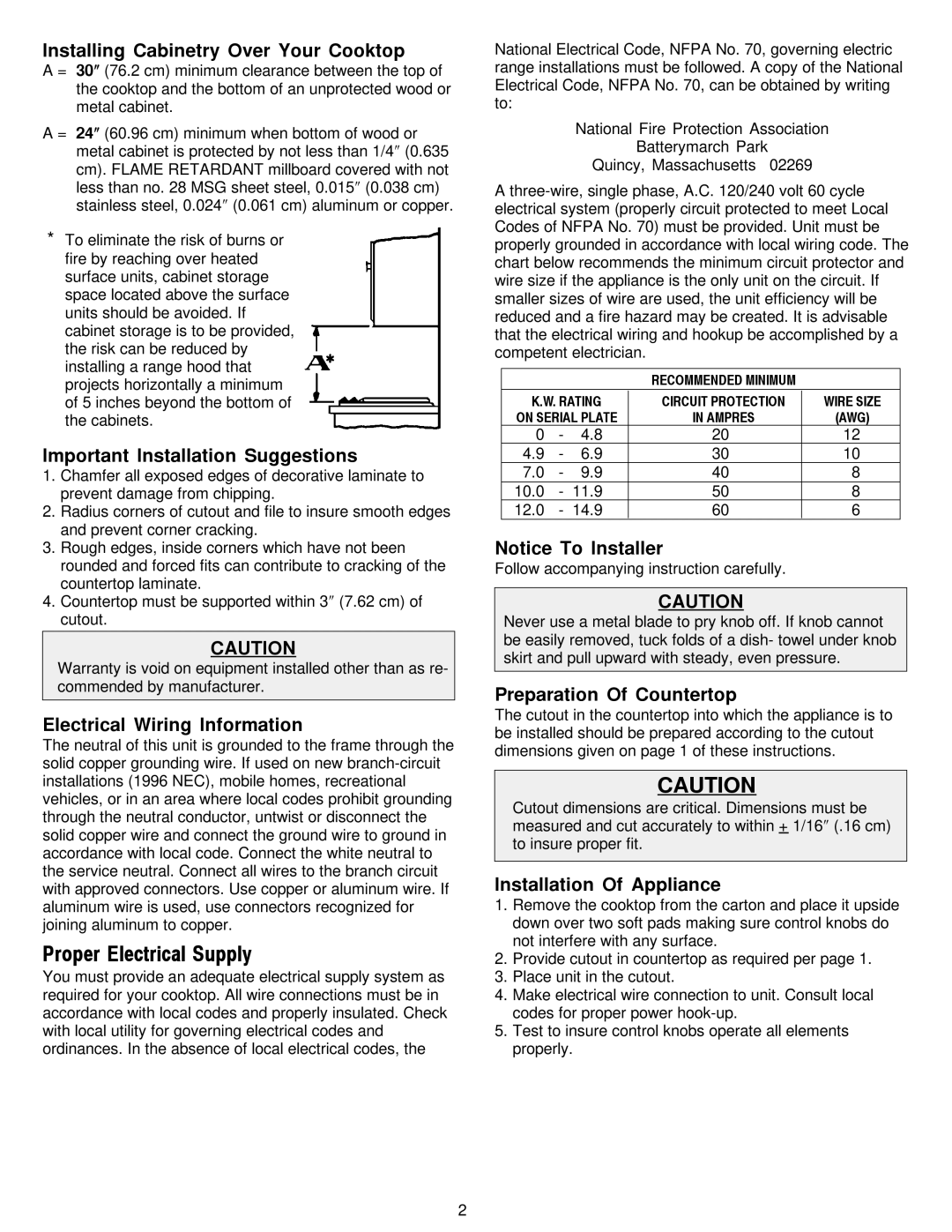 Jenn-Air JEC8536 Installing Cabinetry Over Your Cooktop, Important Installation Suggestions, Electrical Wiring Information 