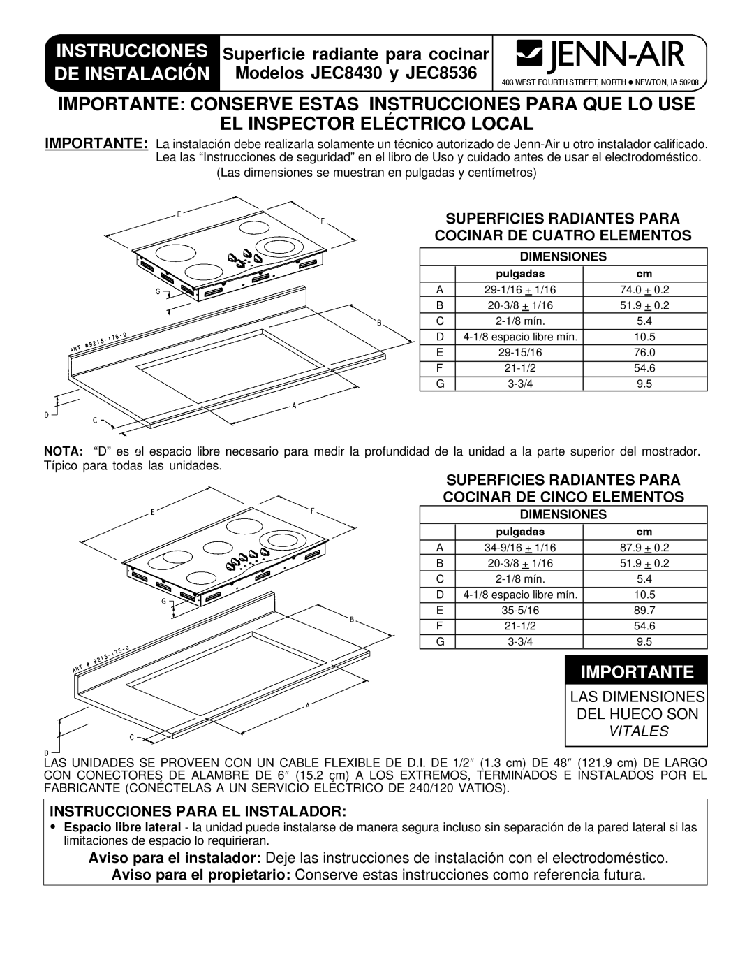 Jenn-Air JEC8430, JEC8536 Superficies Radiantes Para Cocinar DE Cuatro Elementos, LAS Dimensiones DEL Hueco SON, Vitales 