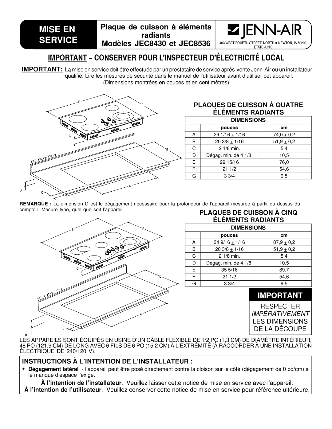 Jenn-Air JEC8430, JEC8536 Mise EN, Service, Plaques DE Cuisson À Quatre Éléments Radiants, Impérativement 