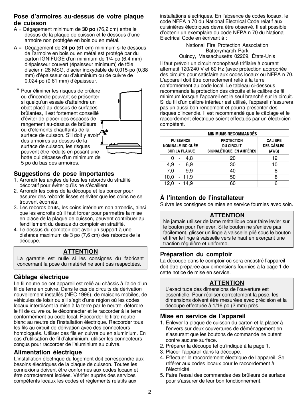 Jenn-Air JEC8536 Pose d’armoires au-dessus de votre plaque de cuisson, Suggestions de pose importantes, Câblage électrique 