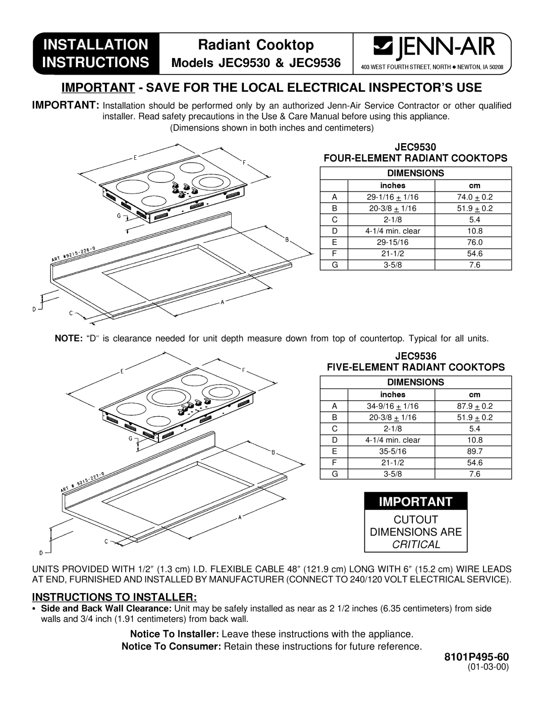 Jenn-Air installation instructions Installation Instructions, Models JEC9530 & JEC9536, Critical 