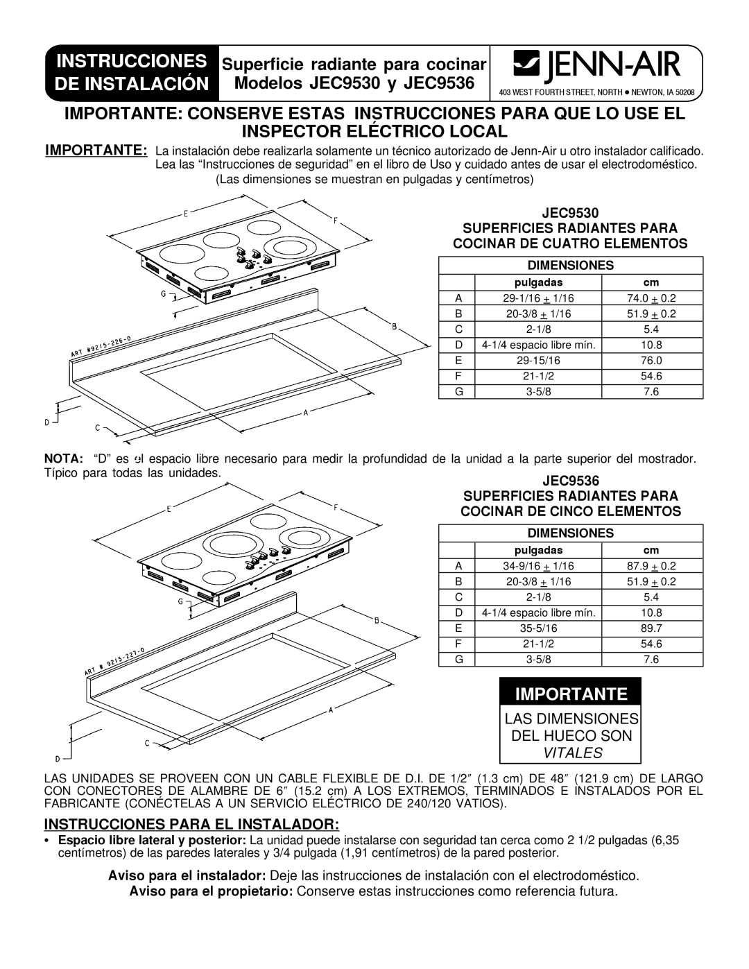 Jenn-Air JEC9530 Vitales, Instrucciones Para EL Instalador, Superficies Radiantes Para Cocinar DE Cuatro Elementos 