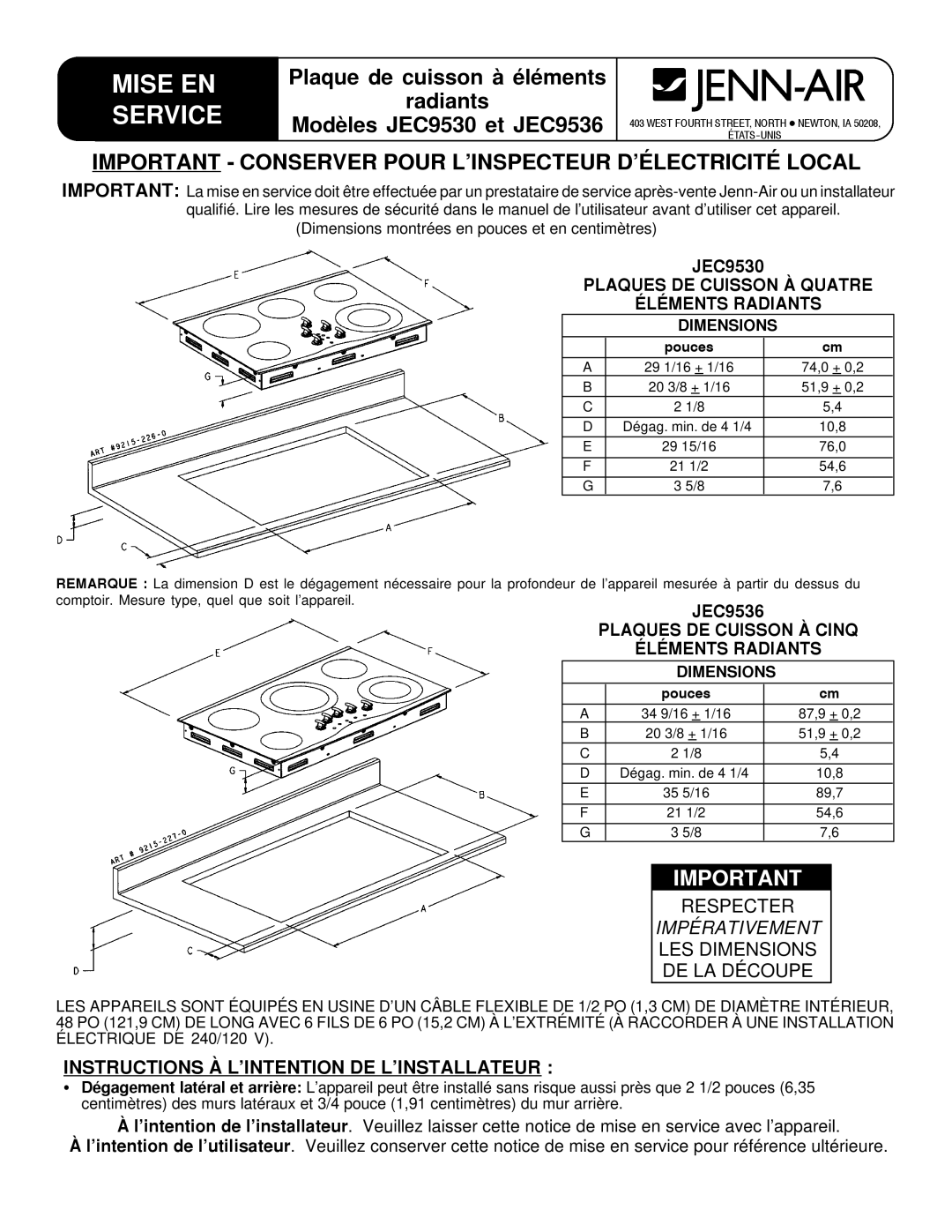 Jenn-Air JEC9530, JEC9536 Mise EN, Service, Important Conserver Pour L’INSPECTEUR D’ÉLECTRICITÉ Local, Impérativement 