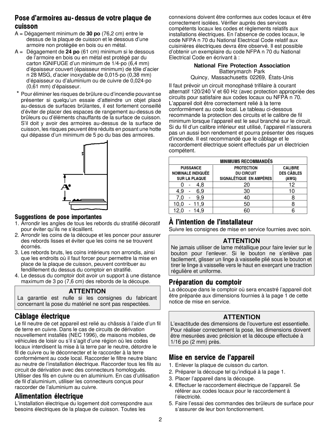 Jenn-Air JEC9536 Pose d’armoires au- dessus de votre plaque de cuisson, ’intention de l’installateur, Câblage électrique 