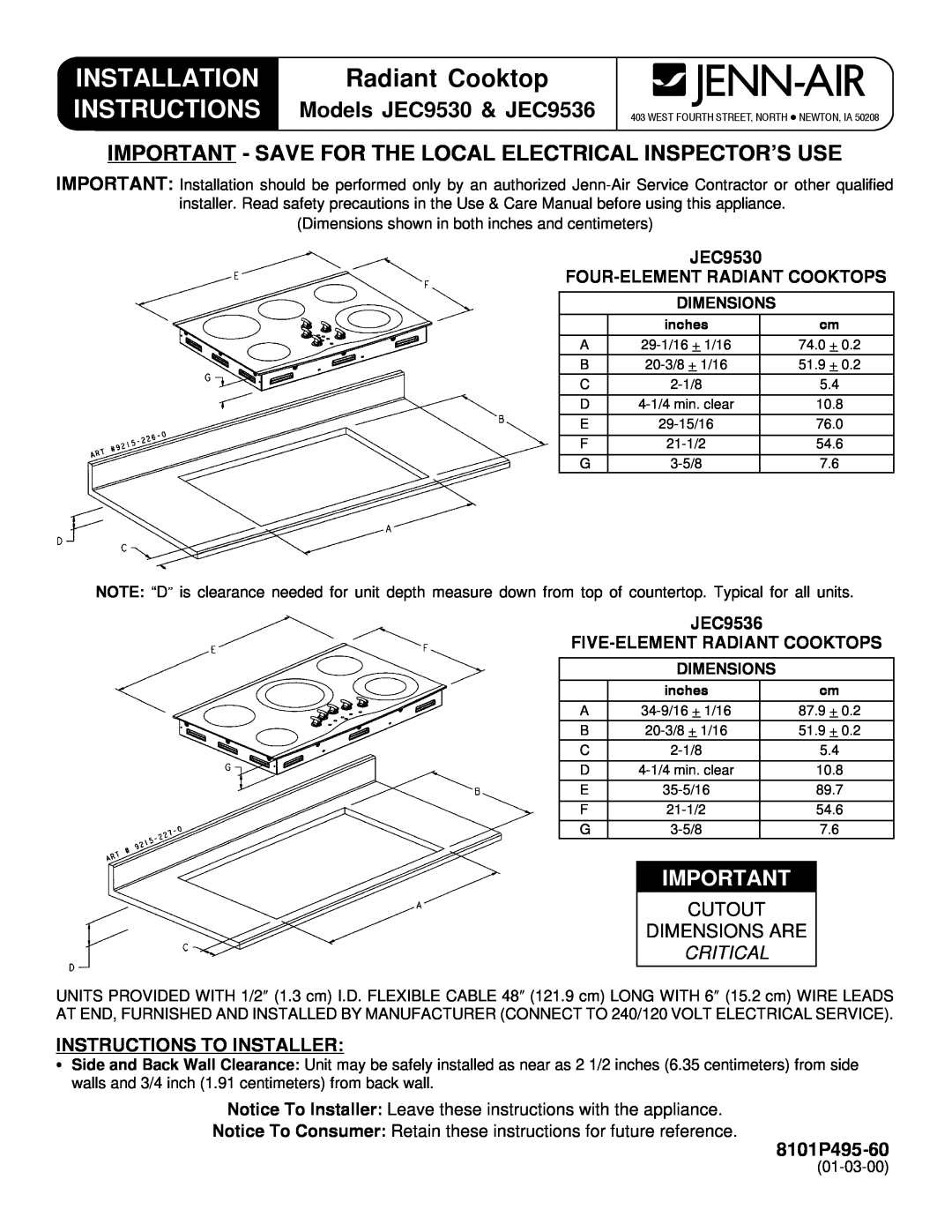 Jenn-Air installation instructions Installation Instructions, Models JEC9530 & JEC9536, Cutout Dimensions Are, Critical 