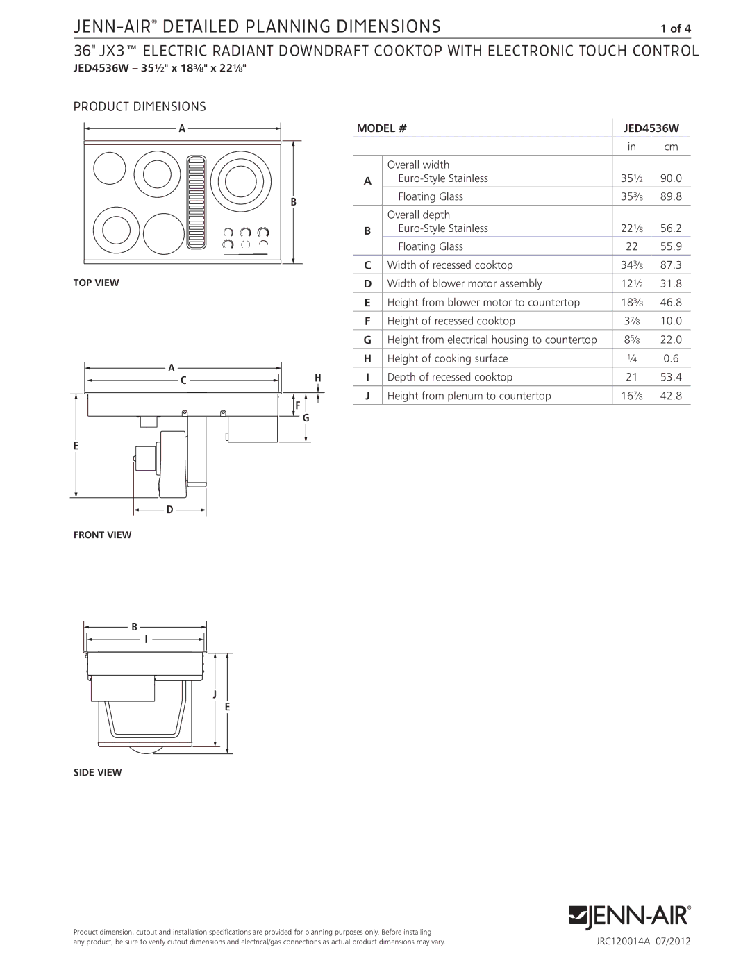 Jenn-Air dimensions Product Dimensions, JED4536W 351⁄2 x 183⁄8 x 221⁄8, Model # 