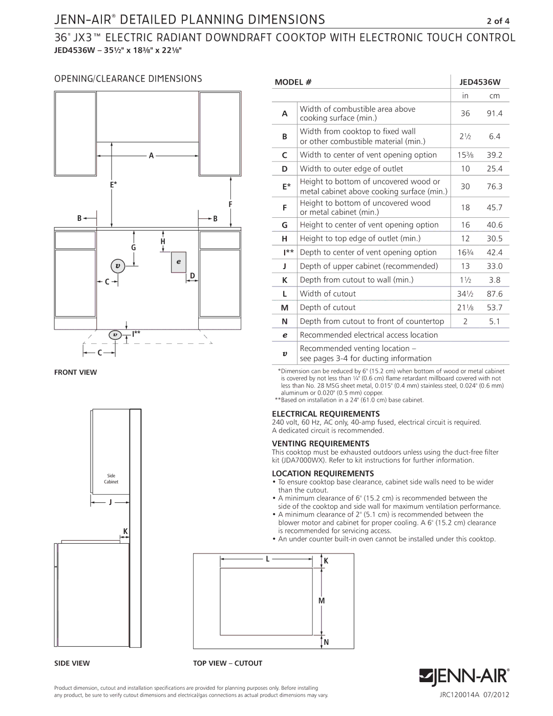 Jenn-Air JED4536W OPENING/CLEARANCE Dimensions, Electrical Requirements, Venting Requirements, Location Requirements 