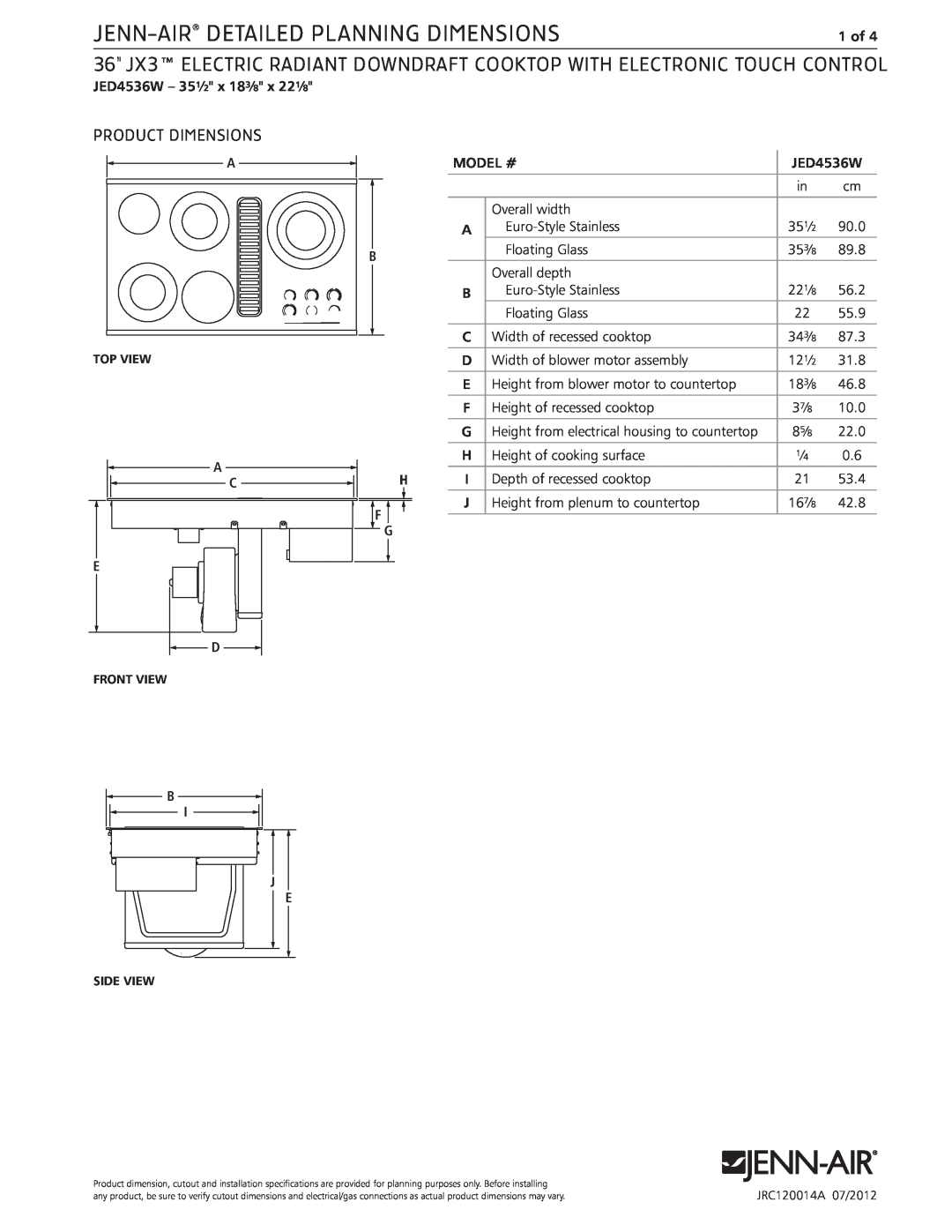 Jenn-Air JED4536W dimensions Jenn-Air Detailed Planning Dimensions, Product Dimensions 