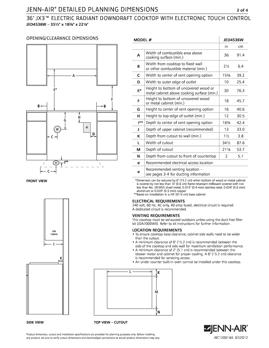Jenn-Air JED4536W dimensions Opening/Clearance Dimensions, Jenn-Air Detailed Planning Dimensions 