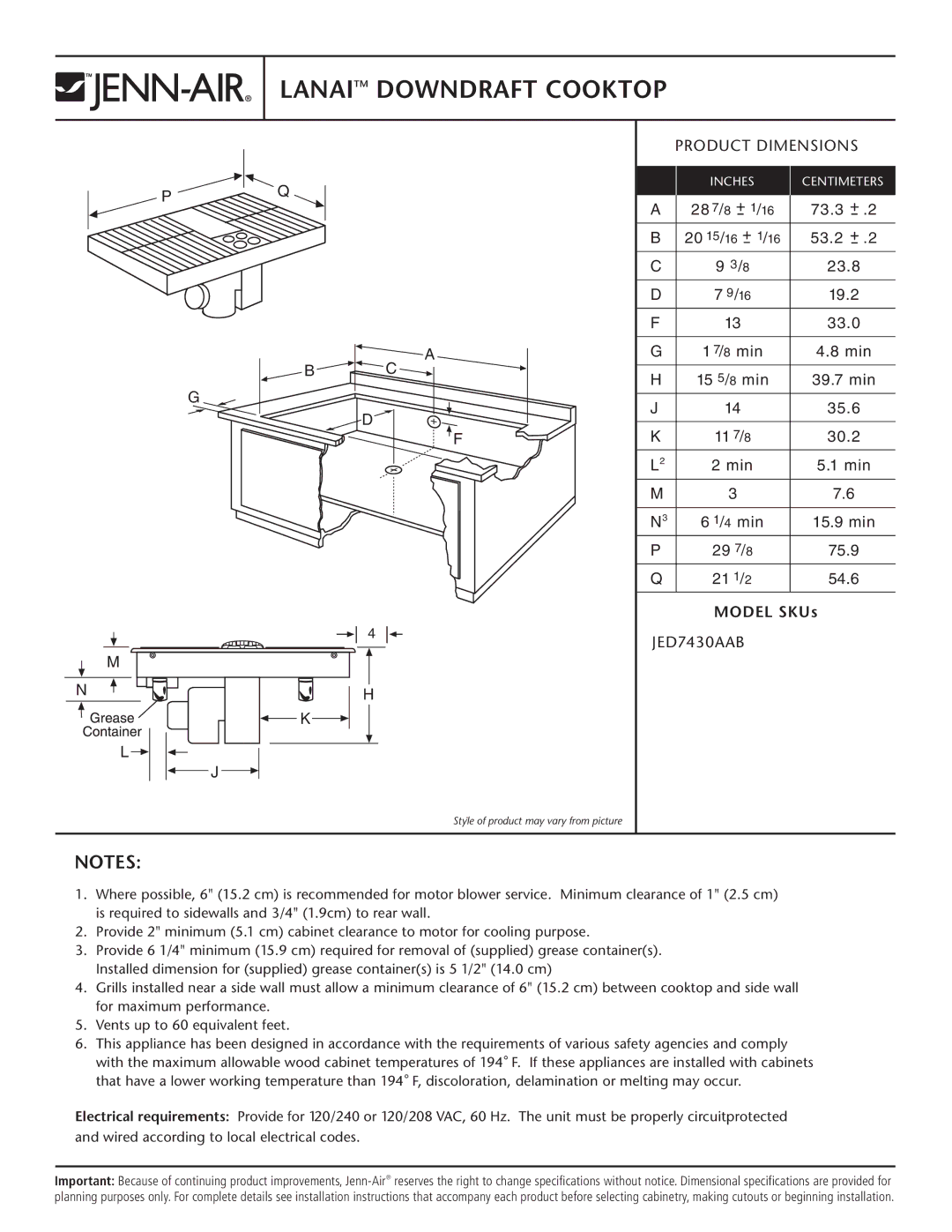 Jenn-Air JED7430AAB dimensions Lanaitm Downdraft Cooktop, Product Dimensions, Model SKUs 