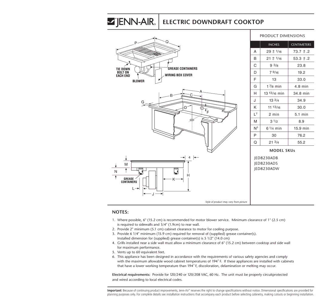 Jenn-Air JED8230ADB, JED8230ADS, JED8230ADW dimensions Electric Downdraft Cooktop, Product Dimensions, Model SKUs 