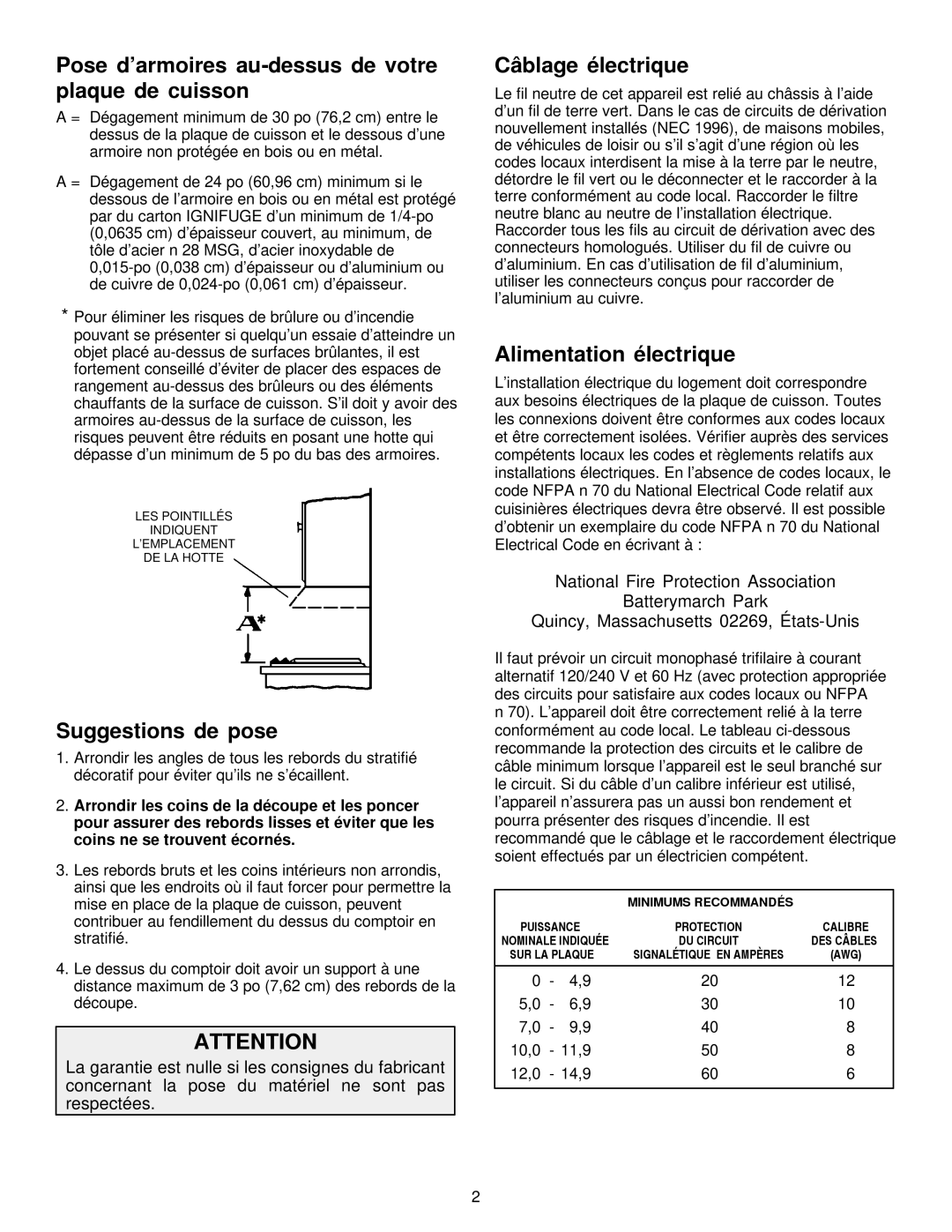 Jenn-Air JED8430 Pose d’armoires au-dessus de votre plaque de cuisson, Suggestions de pose, Câblage électrique 