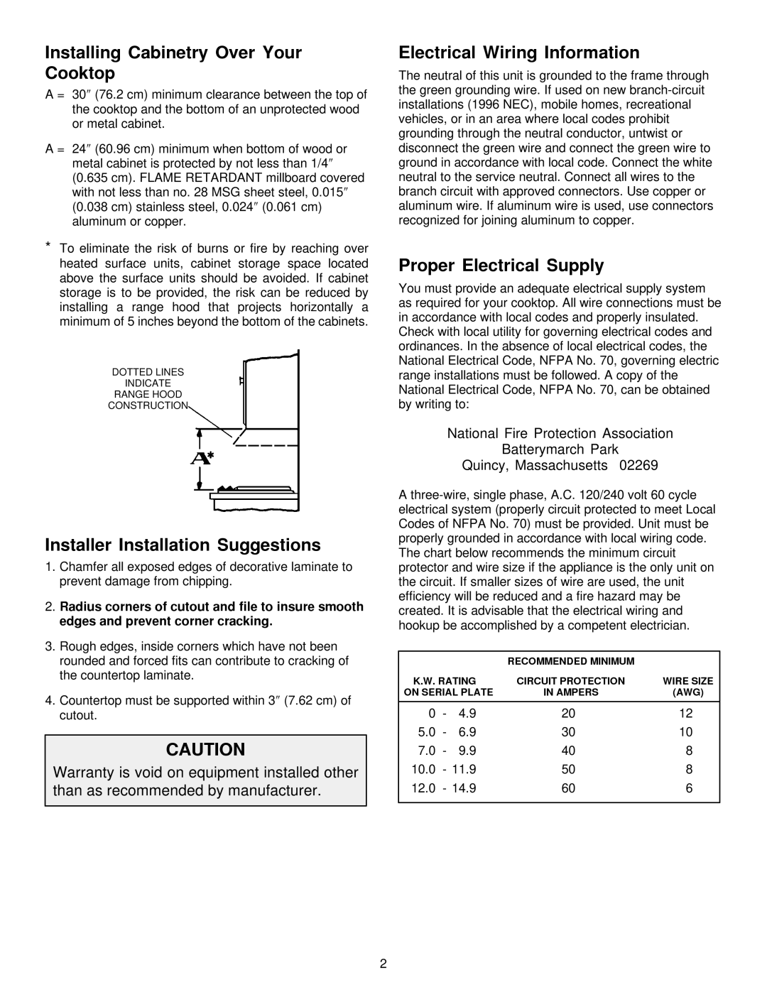 Jenn-Air JED8430 Installing Cabinetry Over Your Cooktop, Installer Installation Suggestions, Electrical Wiring Information 