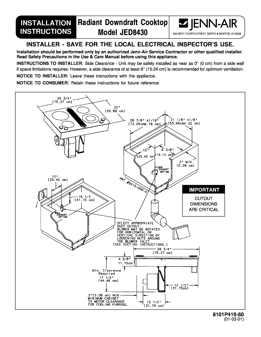 Jenn-Air installation instructions Installation, Radiant Downdraft Cooktop, Instructions, Model JED8430, 8101P419-60 