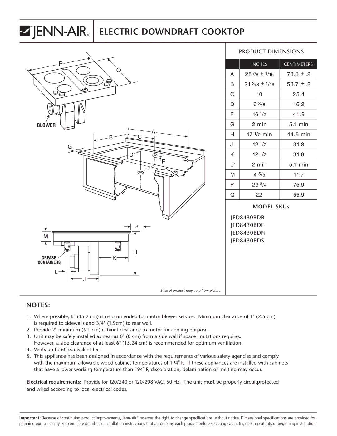 Jenn-Air JED8430BDB, JED8430BDN, JED8430BDS dimensions Electric Downdraft Cooktop, Product Dimensions, Model SKUs 