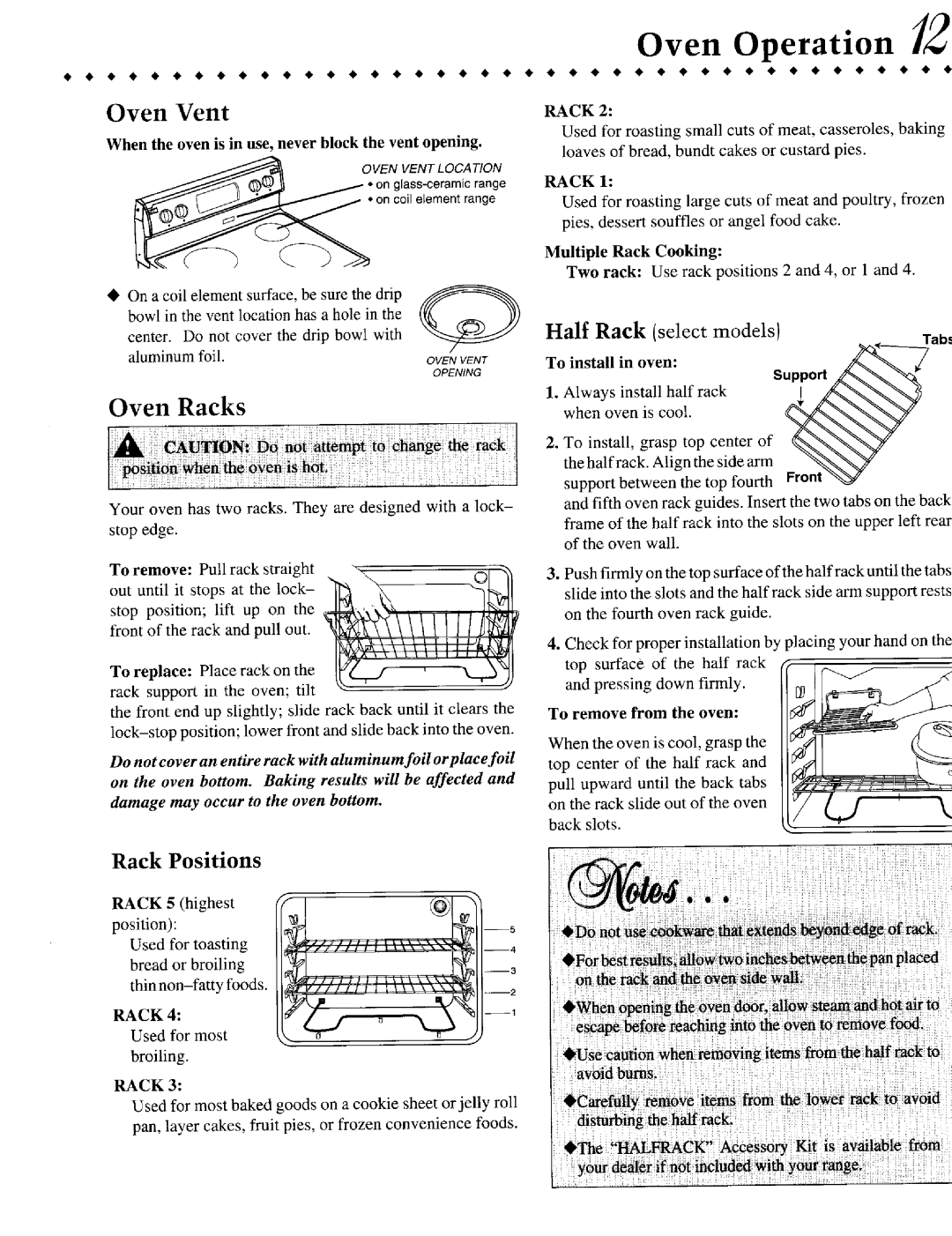 Jenn-Air JER8550, JER8750 warranty Oven Vent, RACK2, Rack Positions, Half Rack select models, Oven Operation, Oven Racks 