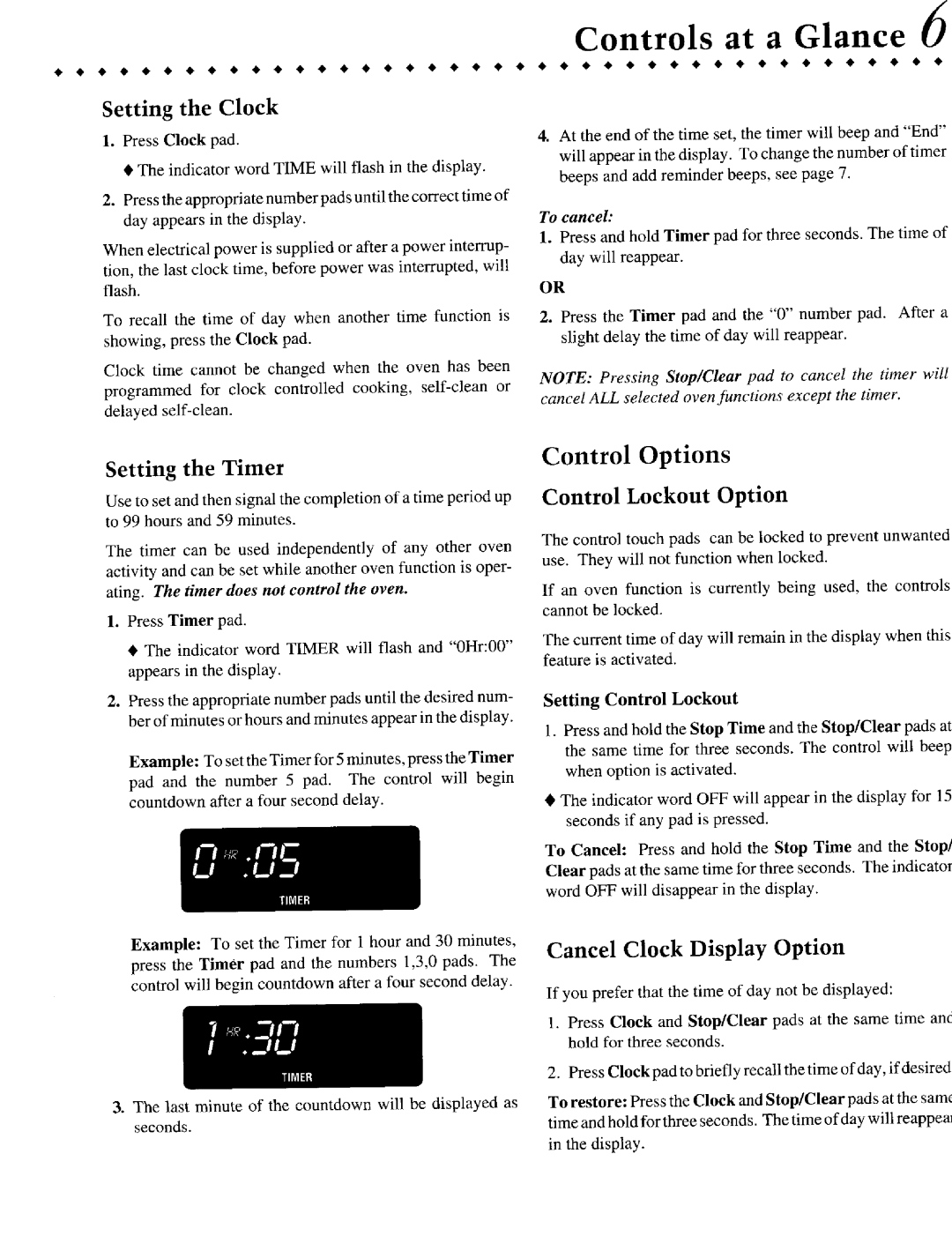 Jenn-Air JER8550 Setting the Clock, Setting the Timer, Control Options, Control Lockout Option, Controls at a Glance 