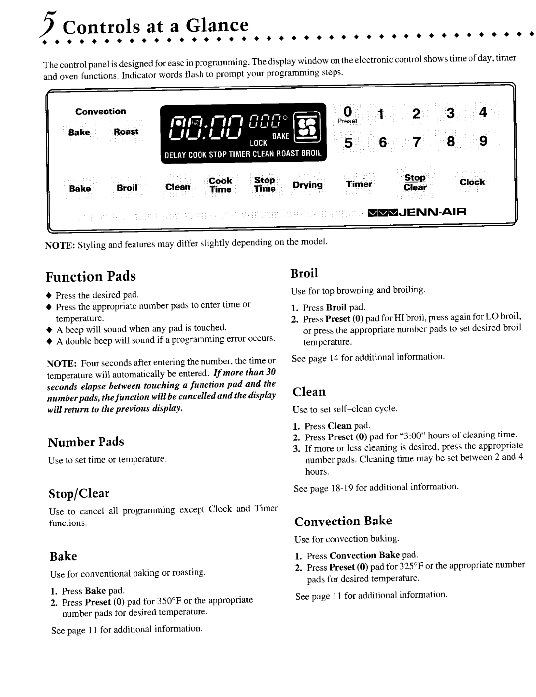Jenn-Air JER8850 Controls at a Glance, Function Pads, Broil, Number Pads, Stop/Clear, Clean, Convection Bake, +CoOk 