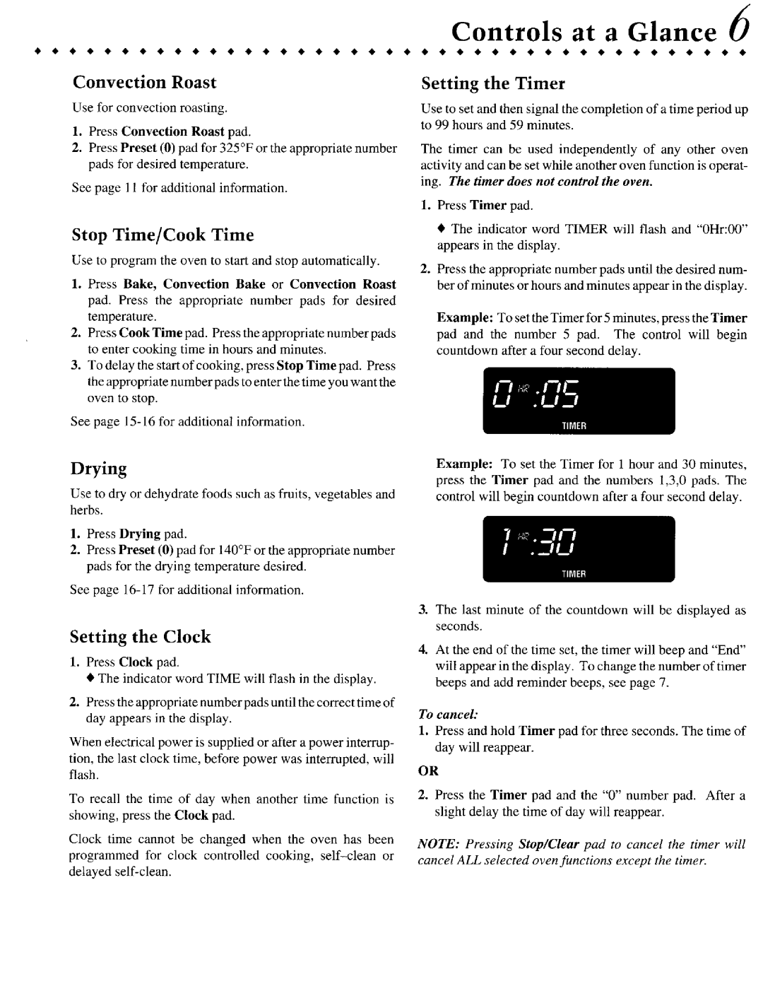 Jenn-Air JER8855 Convection Roast, Setting the Clock, Setting the Timer, Stop Time/Cook Time, Drying, Controls at a Glance 