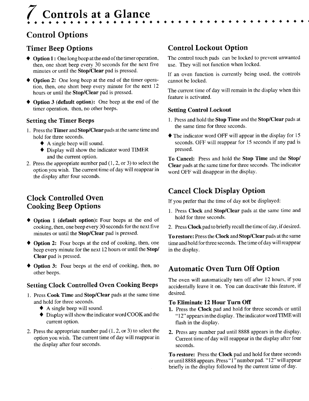 Jenn-Air JER8650 Control Options, Clock Controlled Oven, Timer Beep Options, Control Lockout Option, Cooking Beep Options 