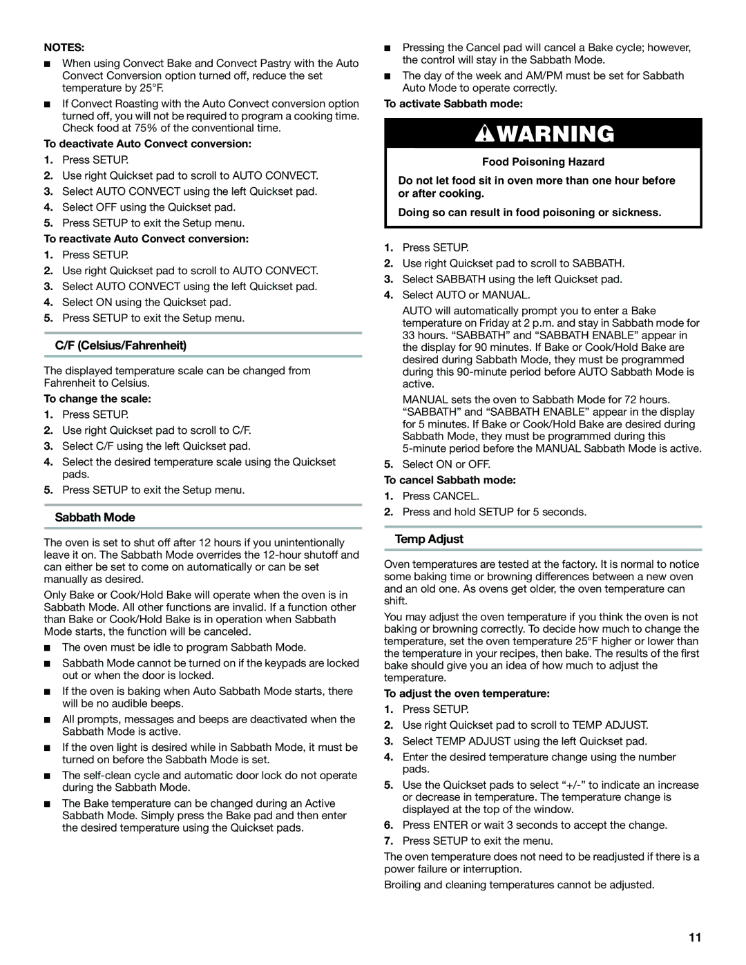 Jenn-Air JES8750 manual Celsius/Fahrenheit, Sabbath Mode, Temp Adjust 