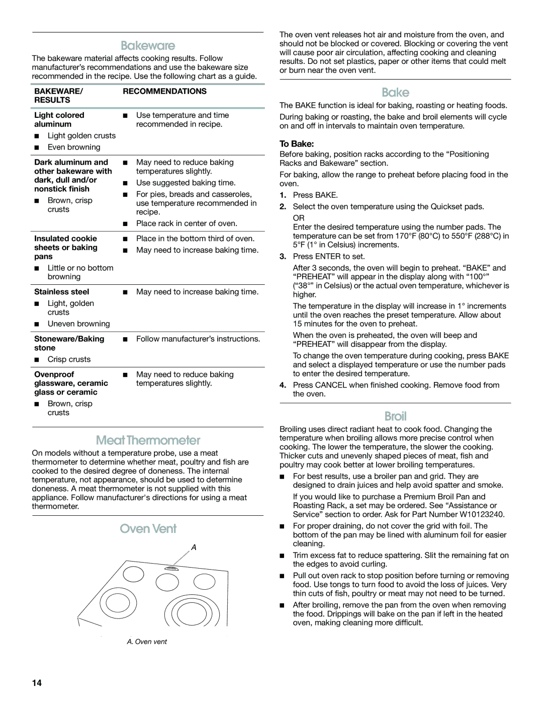 Jenn-Air JES8750 manual Bakeware, Meat Thermometer, Oven Vent, Broil 
