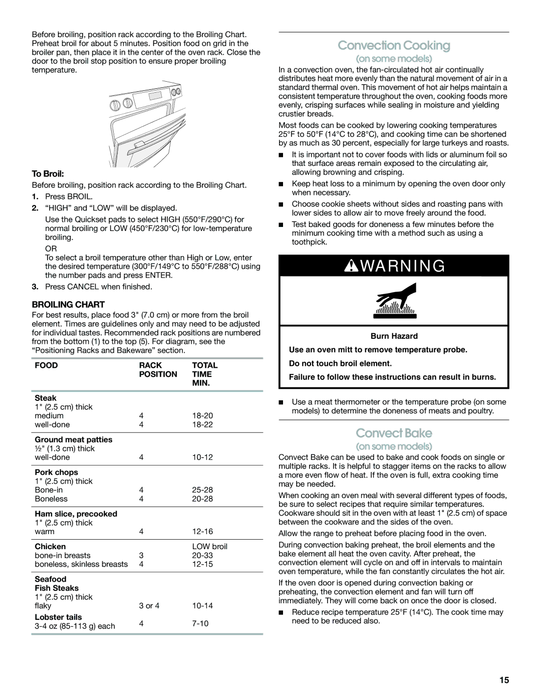 Jenn-Air JES8750 manual Convection Cooking, Convect Bake, To Broil, Broiling Chart, Food Rack Total Position Time MIN 