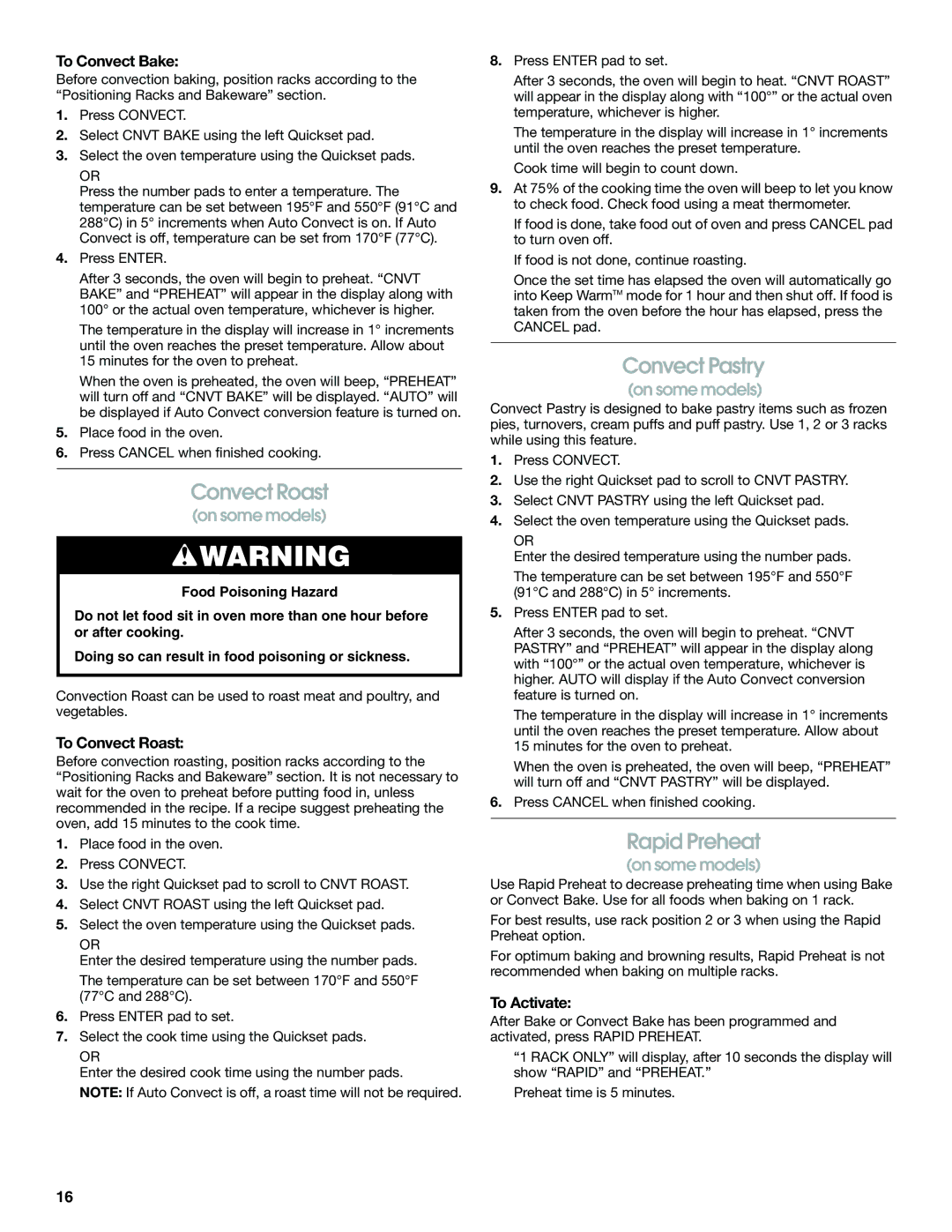 Jenn-Air JES8750 manual Convect Roast, Convect Pastry, Rapid Preheat 